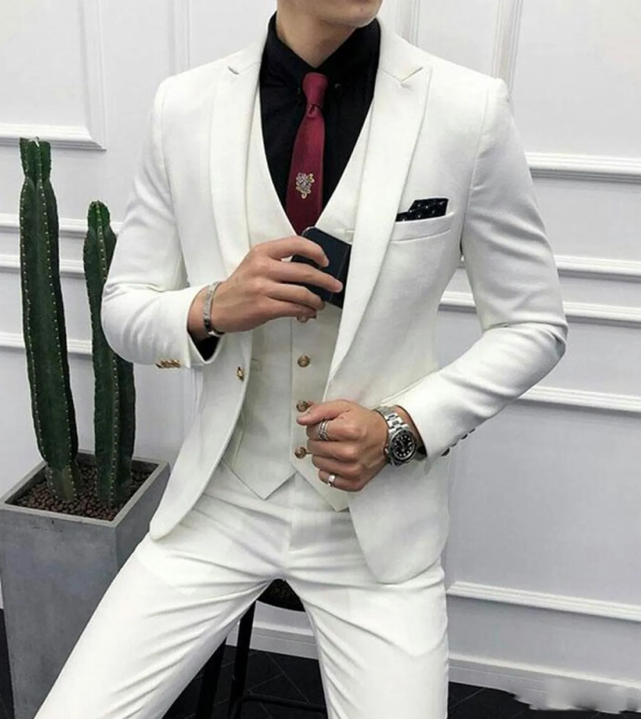 Abiti da uomo avorio per abito da sposa Blazer da uomo con risvolto a punta Smoking da sposo slim fit 3 pezzi Ultimi disegni di