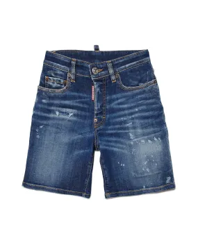 Bermuda jeans a lavaggio scuro stone washed in cotone stretch con abrasioni 12-16 anni