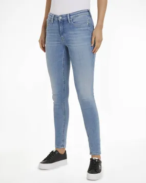 Jeans skinny blu super stone washed in cotone stretch con schiariture lungo le gambe