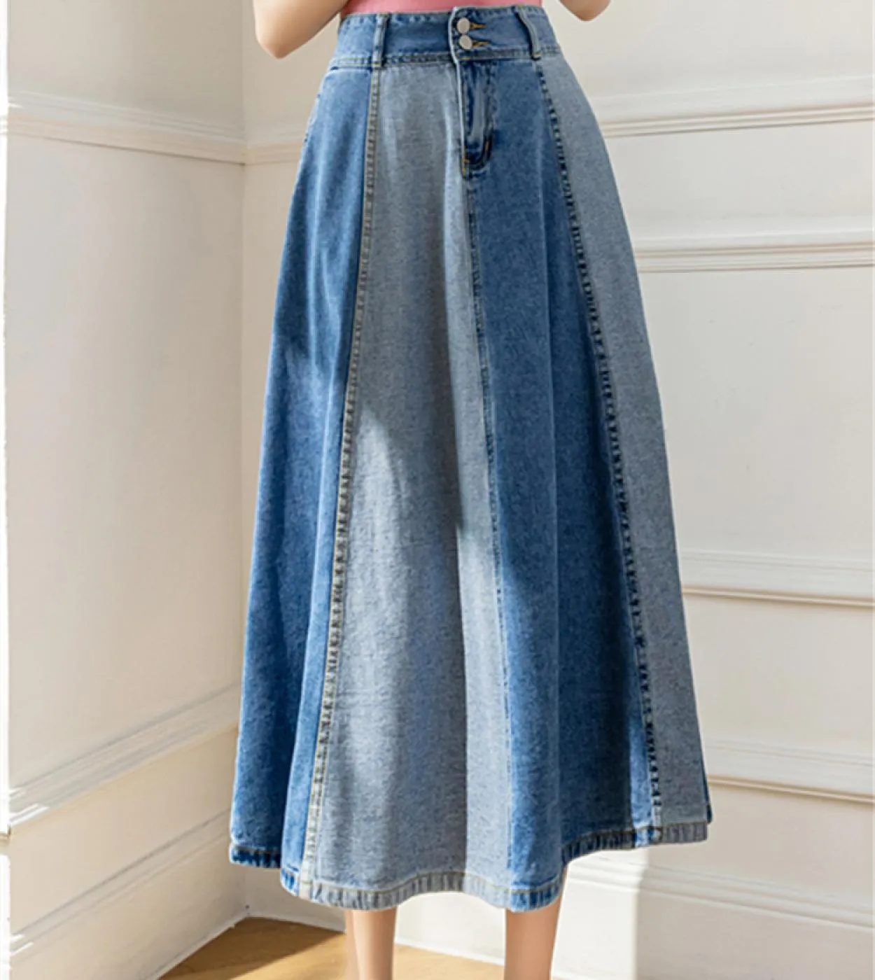 Seoulish 2022 New Colorblock Womens Denim Long Skirts Classic High Wasit Umbrella Jeans Skirts Female Straight A Line S