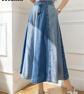 Seoulish 2022 New Colorblock Womens Denim Long Skirts Classic High Wasit Umbrella Jeans Skirts Female Straight A Line S