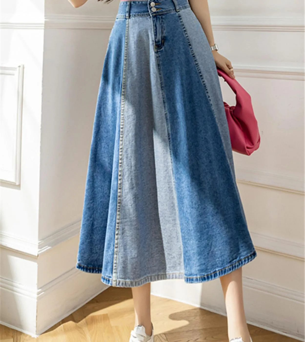 Seoulish 2022 New Colorblock Womens Denim Long Skirts Classic High Wasit Umbrella Jeans Skirts Female Straight A Line S