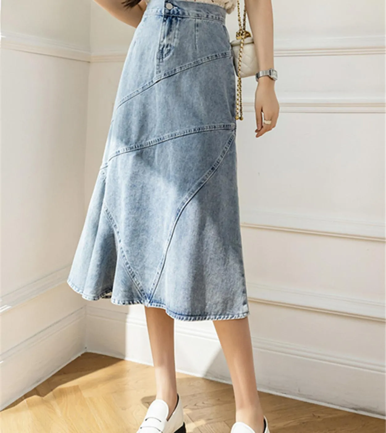 Seoulish 2022 New Patchwork Womens Denim Skirts High Wasit Mermaid Jeans Skirts Female Chic Loose Aline Fishtail Midi S