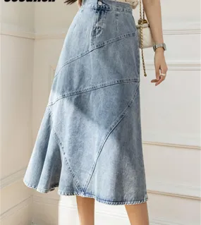 Seoulish 2022 New Patchwork Womens Denim Skirts High Wasit Mermaid Jeans Skirts Female Chic Loose Aline Fishtail Midi S