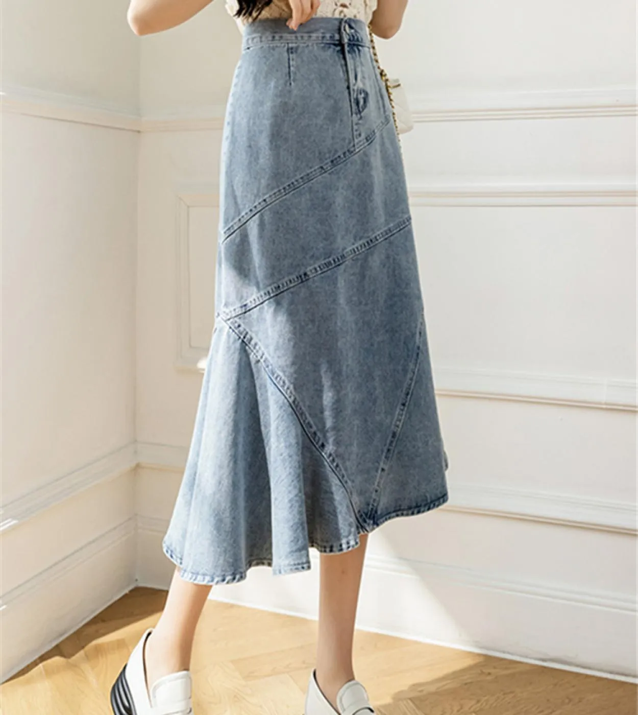 Seoulish 2022 New Patchwork Womens Denim Skirts High Wasit Mermaid Jeans Skirts Female Chic Loose Aline Fishtail Midi S