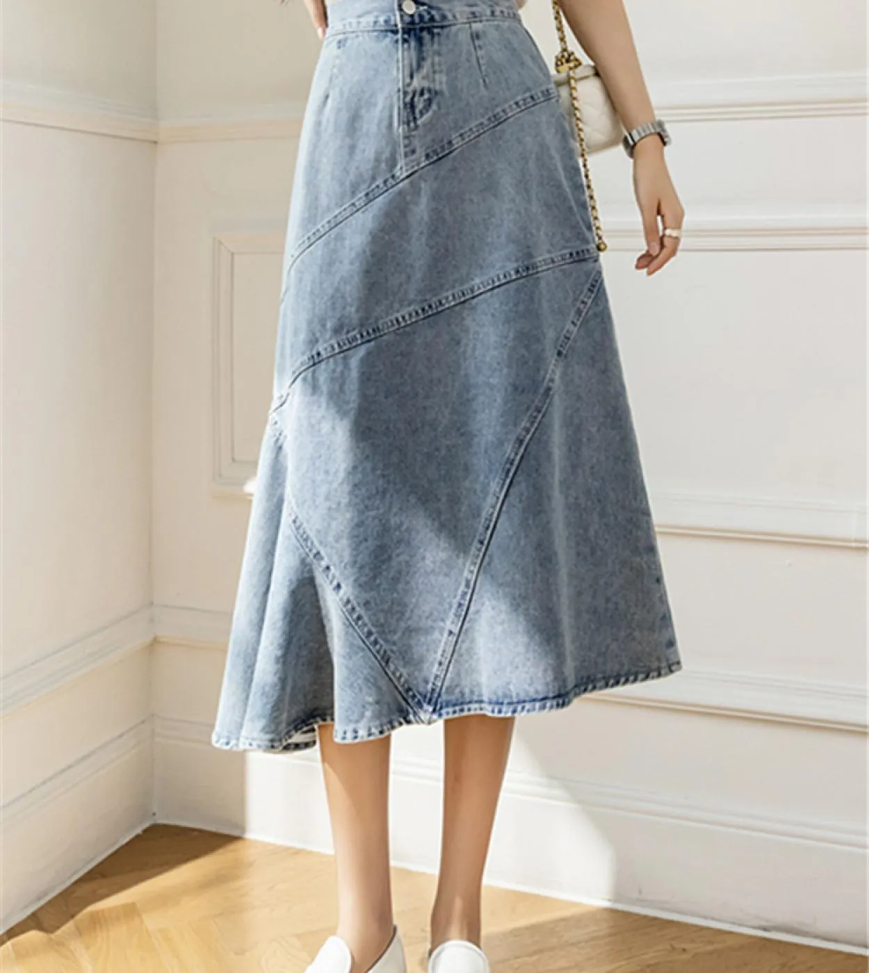 Seoulish 2022 New Patchwork Womens Denim Skirts High Wasit Mermaid Jeans Skirts Female Chic Loose Aline Fishtail Midi S